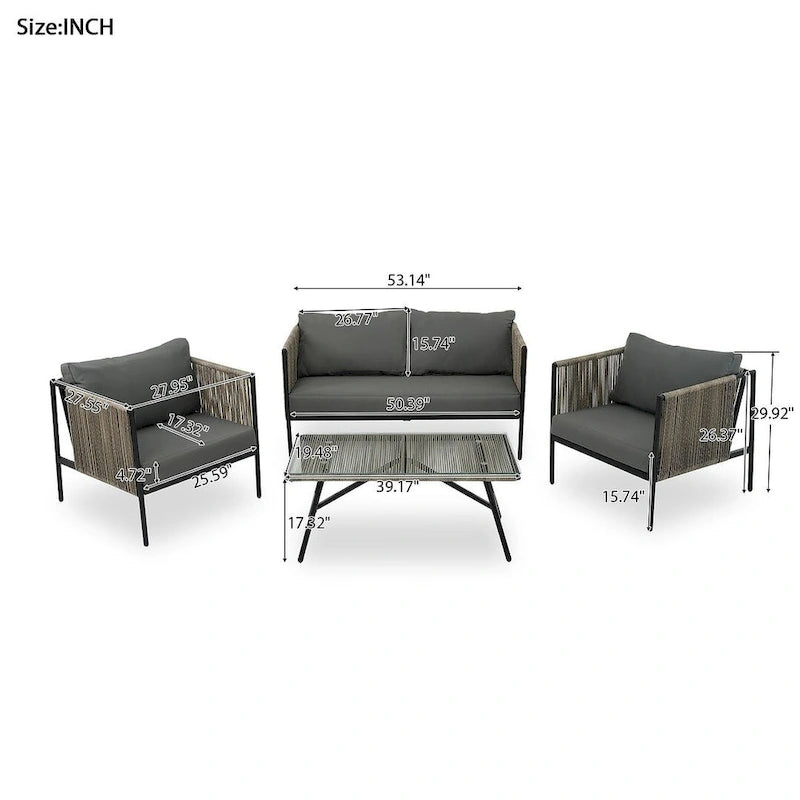 4 PCS Outdoor Rope Patio Set for 4 with Cushions and Glass Table