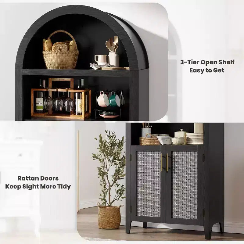 Acekool Arched Pantry Cabinet with Rattan Doors, 5-Tier Farmhouse Storage Cabinet for Kitchen Dining Living Room