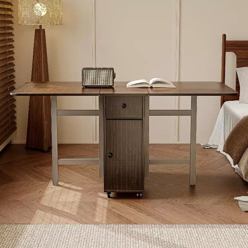 ATJafurn 59 Foldable Dining Table with Drop Leaves for Small Space, Rectangular Wooden Extendable kitchen Table with Wheels and Storage