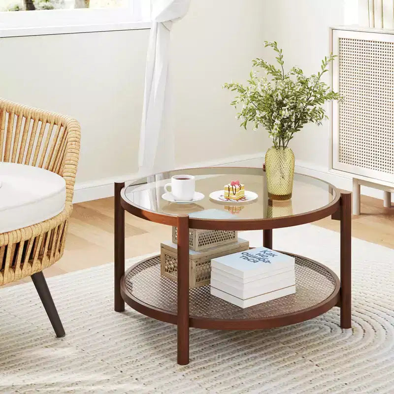 31 Round Coffee Table with Tempered Glass Top & Rattan Shelf