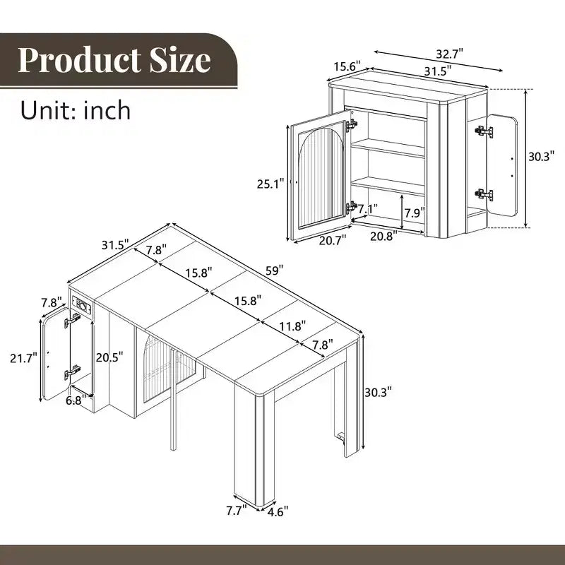 Whisen Extendable Dining Table, Mobile Rolling Island Table with 3 Removable Middle Leaves, Storage Cabinet