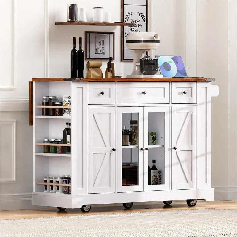 Îlot de cuisine avec rabat, 3 tiroirs et 5 étagères latérales ouvertes, desserte de cuisine roulante avec 2 portes d'armoire en verre trempé et prise de courant