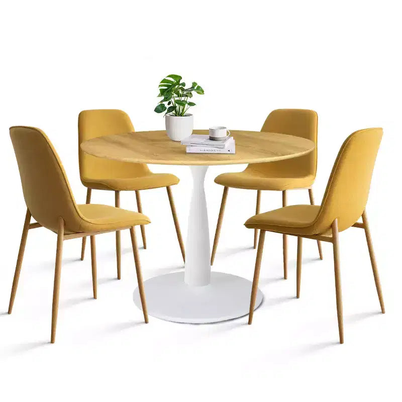 5-Piece Round Dining Set, 37 Pedestal Table with Wood-Look Top and Upholstered Curved Chairs, Modern Style-Panipeachy