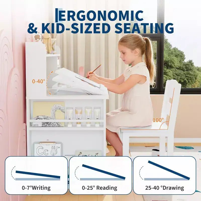 Kids Study Desk & Chair Set with Storage, Kids Study Desk with Hutch and Tiltable, for 3-8 Years Old, Student Writing Table for Bedroom