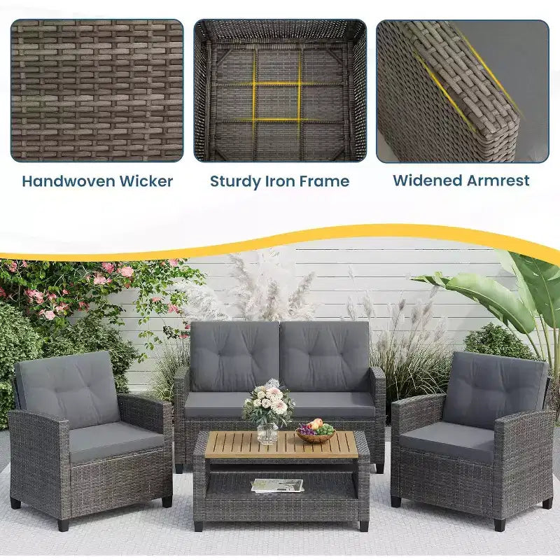 Heynemo 4-Piece Patio Furniture Set, All Weather Wicker Patio Conversation Seating Sets with 2-Tier Coffee Table, Outdoor Sofa Couch