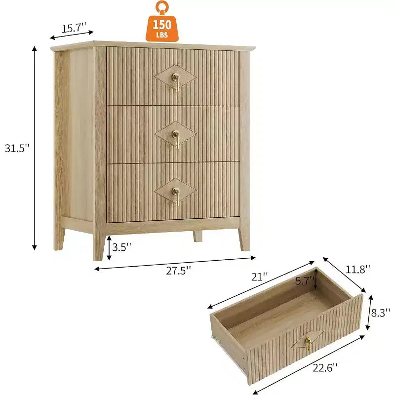 2Pcs Fluted Wood Nightstands, 27.5 Wide 3-Drawer Dresser Set, Modern Bedside Tables, Chest of Drawers for Bedroom, Living Room