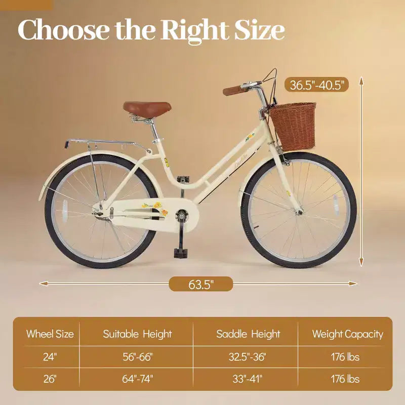 Gymax 24-Inch Beach Cruiser Bike w/Adjustable Seat Woven Basket & Rear Rack for City