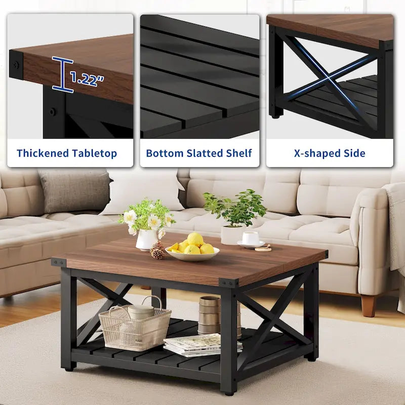 Moasis Farmhouse Square Lift Top Coffee Table with Storage Shelf for Living Room