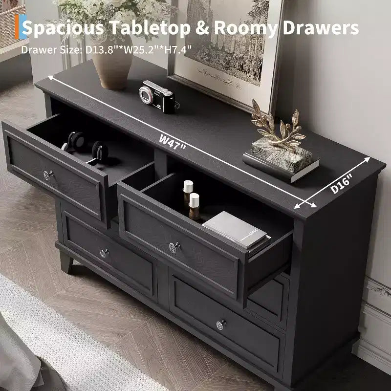 Dresser for Bedroom, 6 Drawer Wide Dresser Storage Organizer, Modern Wooden Chest of Drawers with Metal Handles for Hallway, Entryway, Home Office