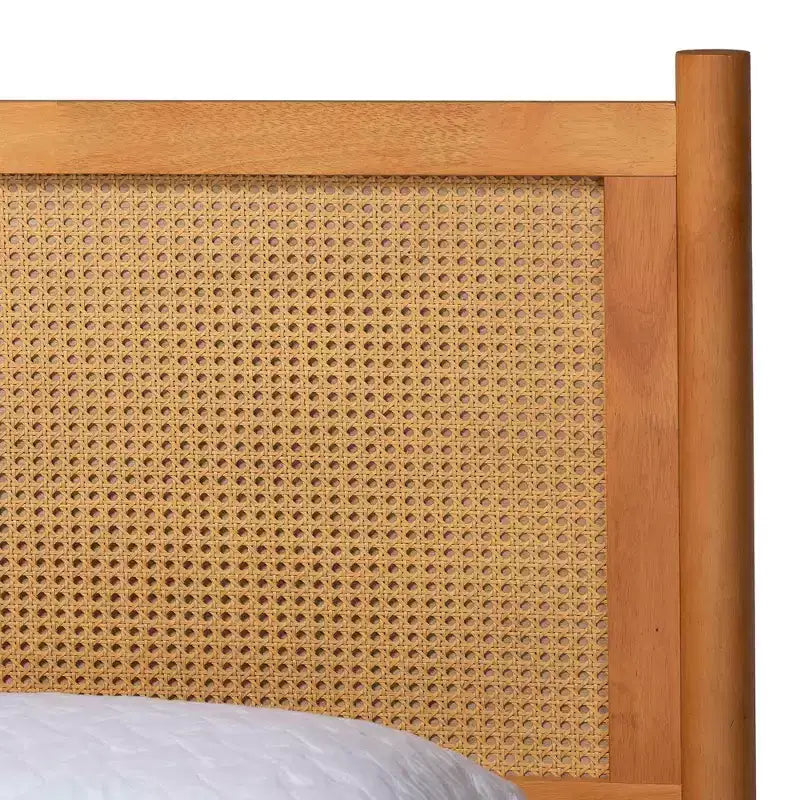 Baxton Studio Jenn Golden Brown Wood Japandi 5-Piece Queen Size Bedroom Set with Distressed-Finished Rattan