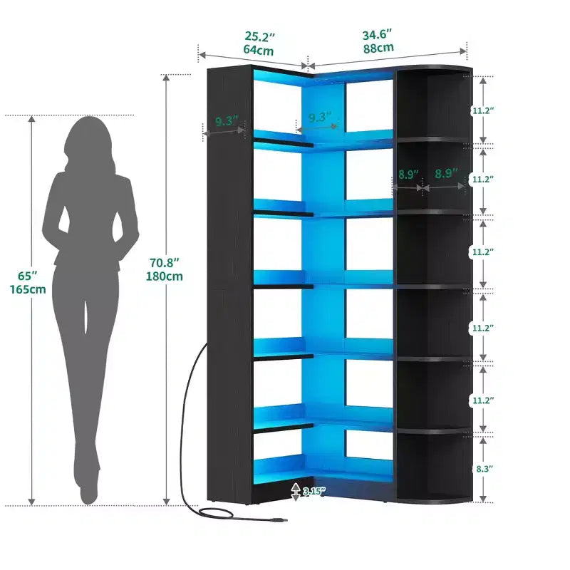 6 Tier Bookshelf with LED Light 70.8inch Modern Bookcase, L-Shaped Bookcase Corner shelf Storage Organizer Display Shelf
