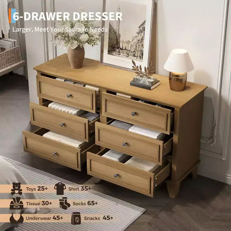 Dresser for Bedroom, 6 Drawer Wide Dresser Storage Organizer, Modern Wooden Chest of Drawers with Metal Handles for Hallway, Entryway, Home Office