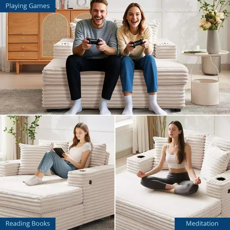 Corduroy 3-Seat Lounge Sofa with Cup Holders & Charging Ports