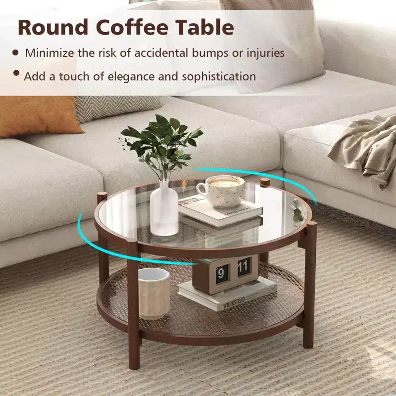 31 Round Coffee Table with Tempered Glass Top & Rattan Shelf
