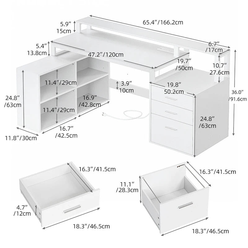 Bureau d'angle en L de 65 po avec DEL RVB, support pour moniteur et armoire de rangement – 1 personne | Blanc / Chêne / Gris anthracite / Noir