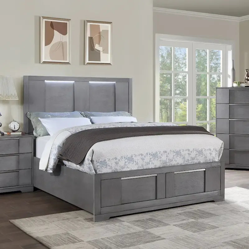Lit plate-forme de rangement contemporain Tona de Furniture of America, en bois gris, avec lumières LED