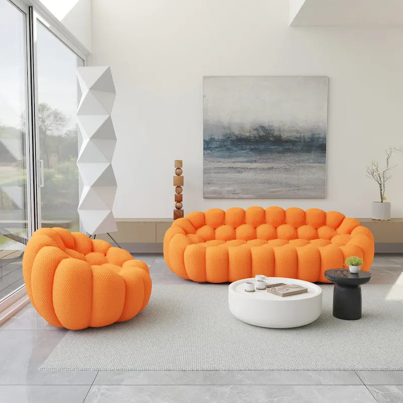 2PCS 3D Honeycomb Fabric Upholstered Bubble Sofa, 3 Seater Bubble Couch and Single Sofa for Living Room