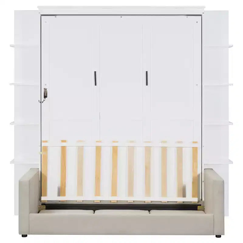Queen Murphy Bed Wall Bed with Sofa, Queen Size Cabinet Bed Folding Wall Bed with Bookshelf and Shelves for Guest Room Office