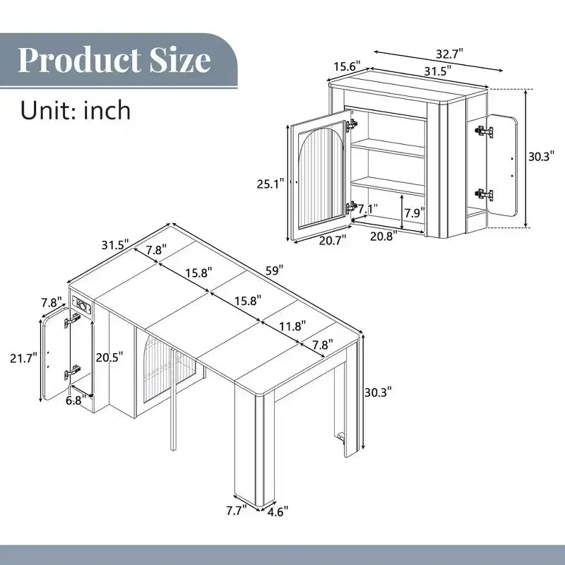 Whisen Extendable Dining Table, Mobile Rolling Island Table with 3 Removable Middle Leaves, Storage Cabinet