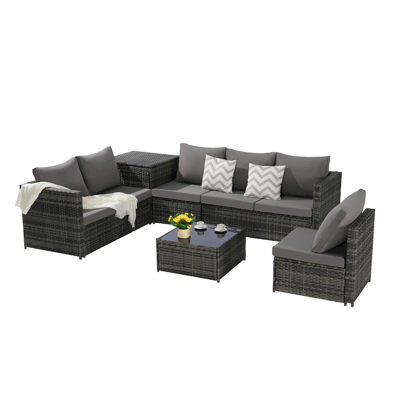 6-Piece Wicker Sectional Sofa Set with Corner & Glass Table