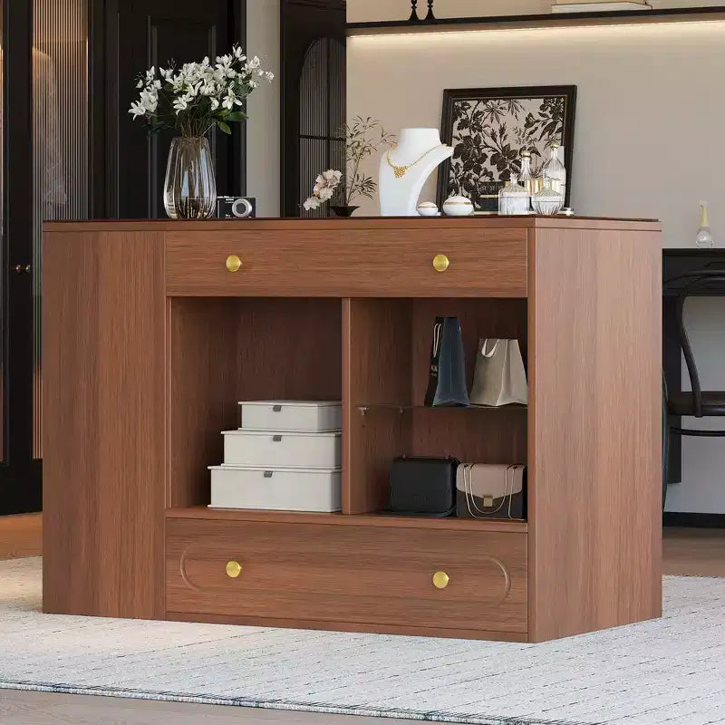 Closet Island with 6 Drawers, Glass Display Top & Open Shelves