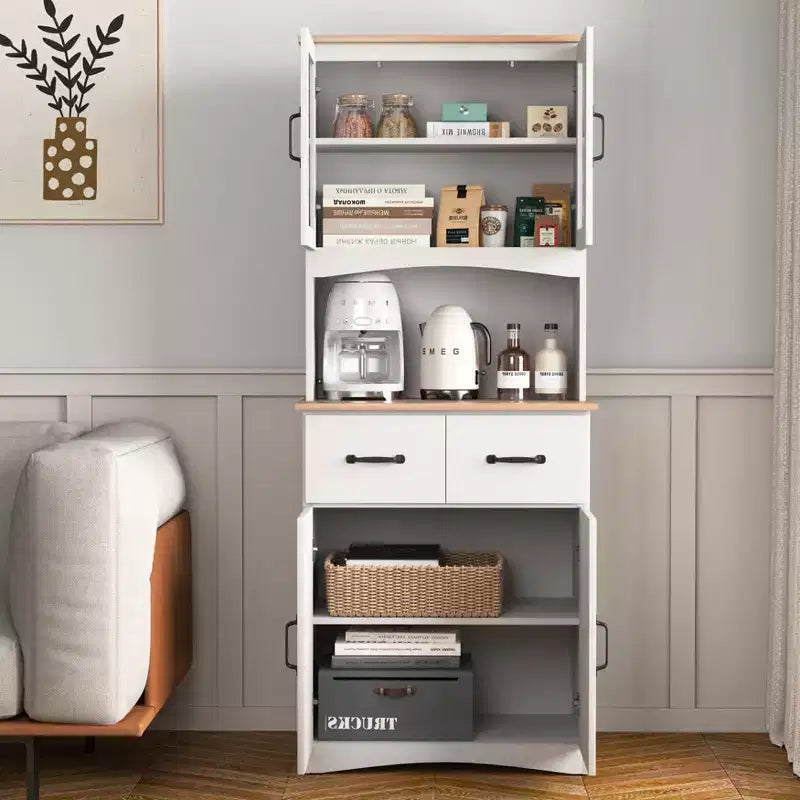 23 Wooden Kitchen Cabinet, Pantry Microwave Cabinet with Glass Doors and Drawers, Adjustable Shelves, White