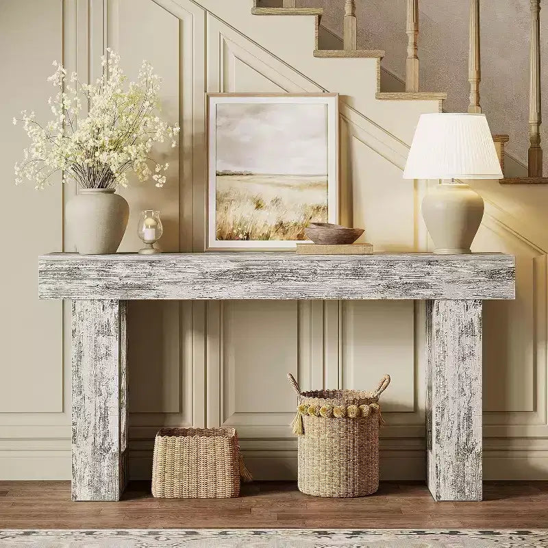 63 Farmhouse Console Table, Rectangular Wooden Accent Table in Distressed White for Entrance, Hallway & Living Room.