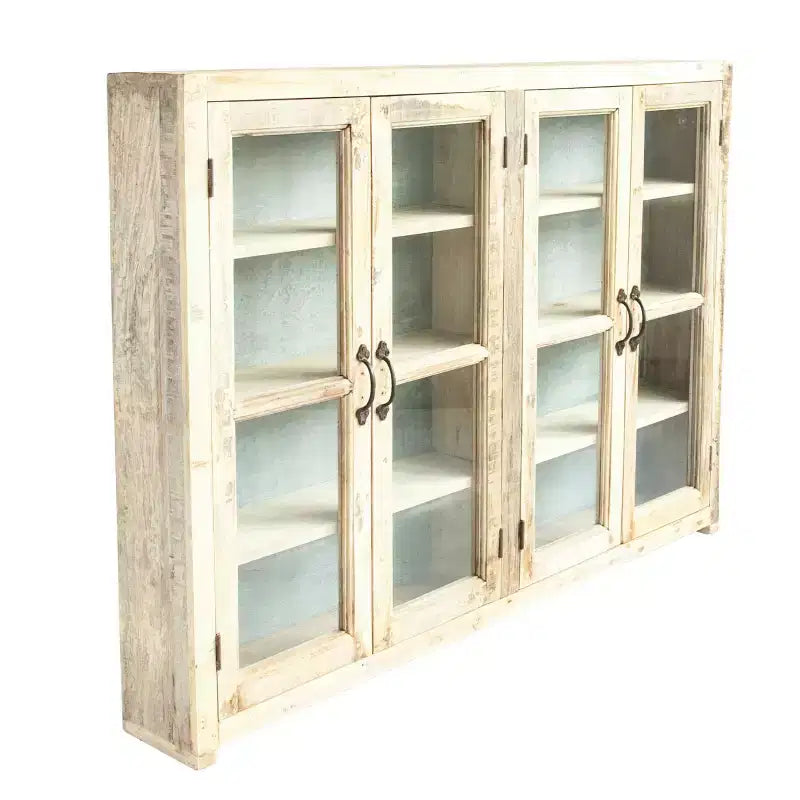 40 Tall 4-Door Reclaimed Wood and Metal Storage Cabinet with Glass Doors, Brown