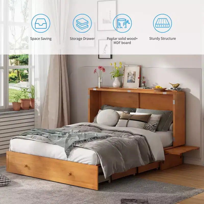 Mjkone Murphy Bed Queen,Cube Cabinet Chest Bed with Charging Station&Storage Space