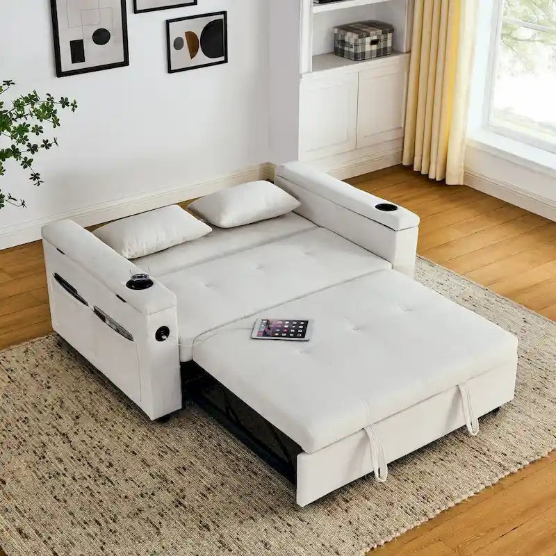 54 Pull-Out Sleeper Sofa Bed, 2 Seat Recliner Sofa Bed with Storage, Lumbar Pillow, USB Power Outlet
