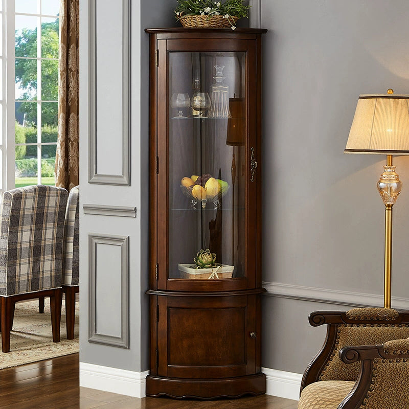 Classic Brown Rubberwood Corner Cabinet with Glass Door
