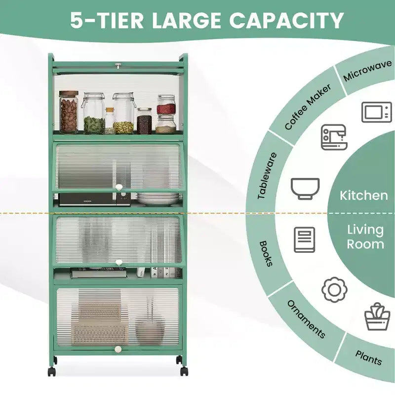 Costway 5-Tier Kitchen Bakers Rack Storage Cabinet Mobile Microwave Stand Flip-up Doors White/Black/Grey/Green