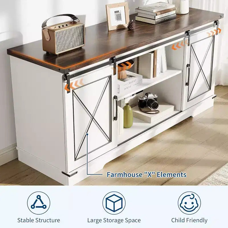 Farmhouse TV Stand for TVs Up to 65, Entertainment Center with Sliding Barn Doors & Storage Cabinets, Media Console Table for Living Room, Bedroom
