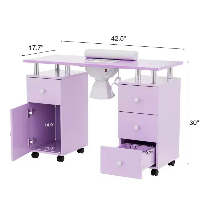 42.5 in. White MDF 3-Drawer Manicure Table Nail Desk with Storage, Doors, Electric Dust Collector