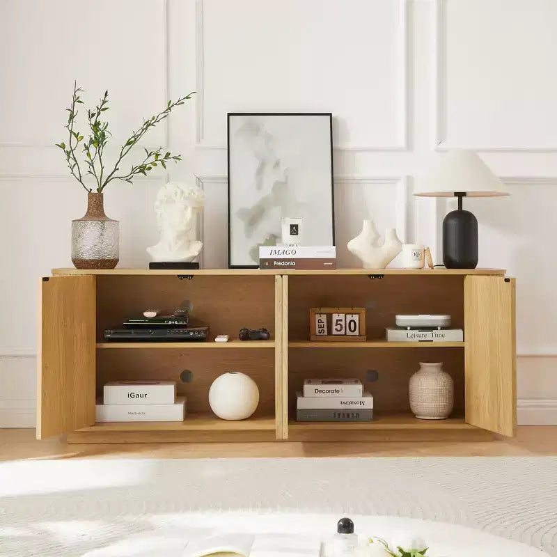 JVNOXK Buffet meuble de rangement meuble TV avec motif vague Buffet Armoire rayée verticale en bois pour cuisine/chambre/entrée. Naturel