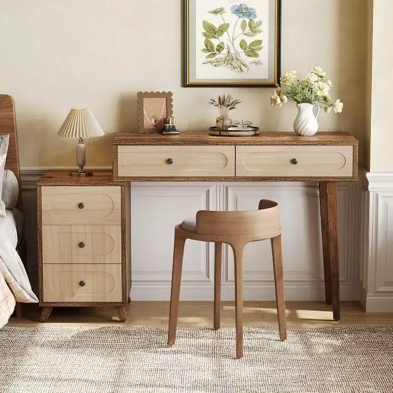 Lantine 39-Inch Writing Desk with 5 Drawers & Retractable Cabinet, Small Expandable Computer and Vanity Table for Small Spaces, Brown