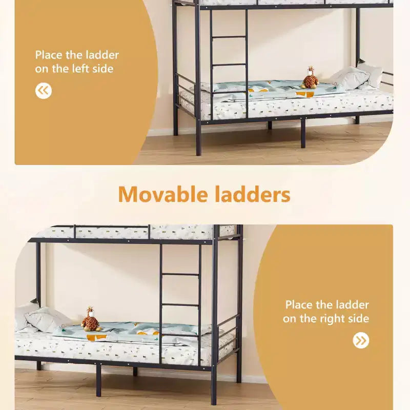 Karl Home Twin Over Twin Steel Bunk Bed Frame Ladder Bedroom Dorm Room for Kids Adult Children