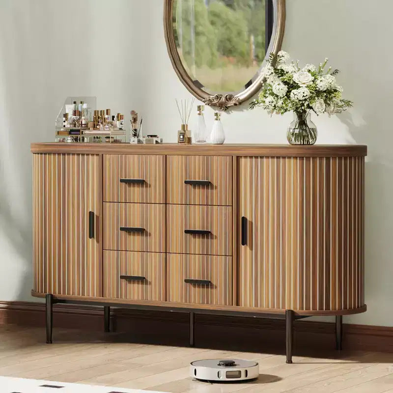 59in Farmhouse Fluted Sideboard Buffet Cabinet, Media TV Console Table with 6 Drawers & 2 Sliding Doors, Versatile Storage Cabinet for Living Room