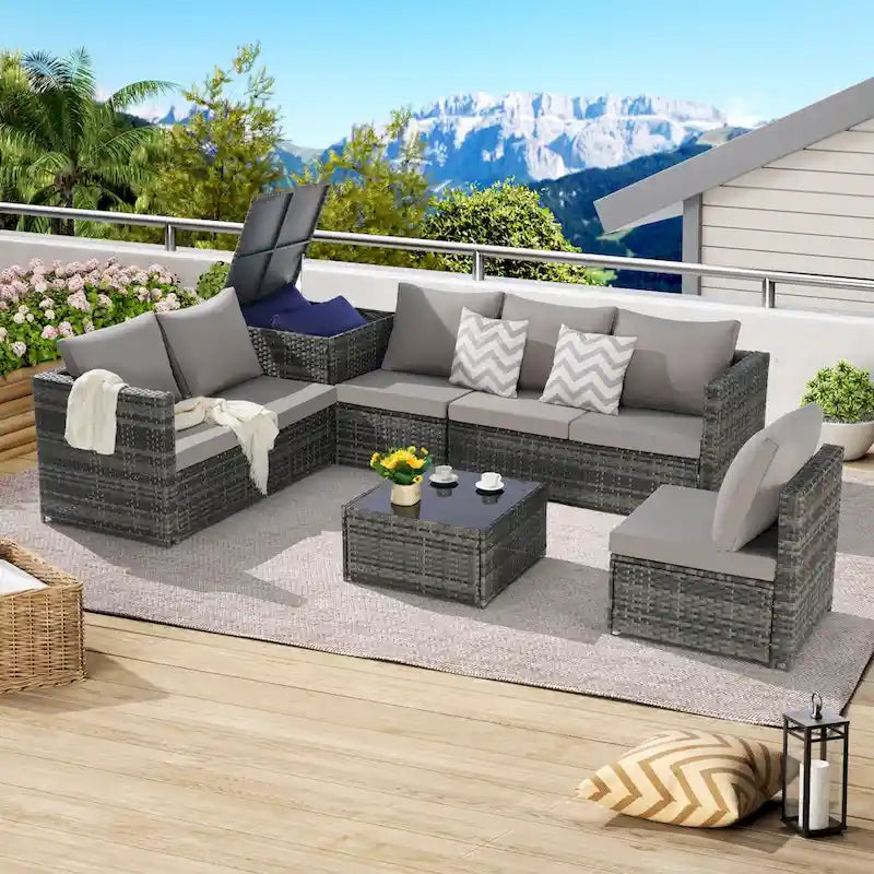 6-Piece Wicker Sectional Sofa Set with Corner & Glass Table