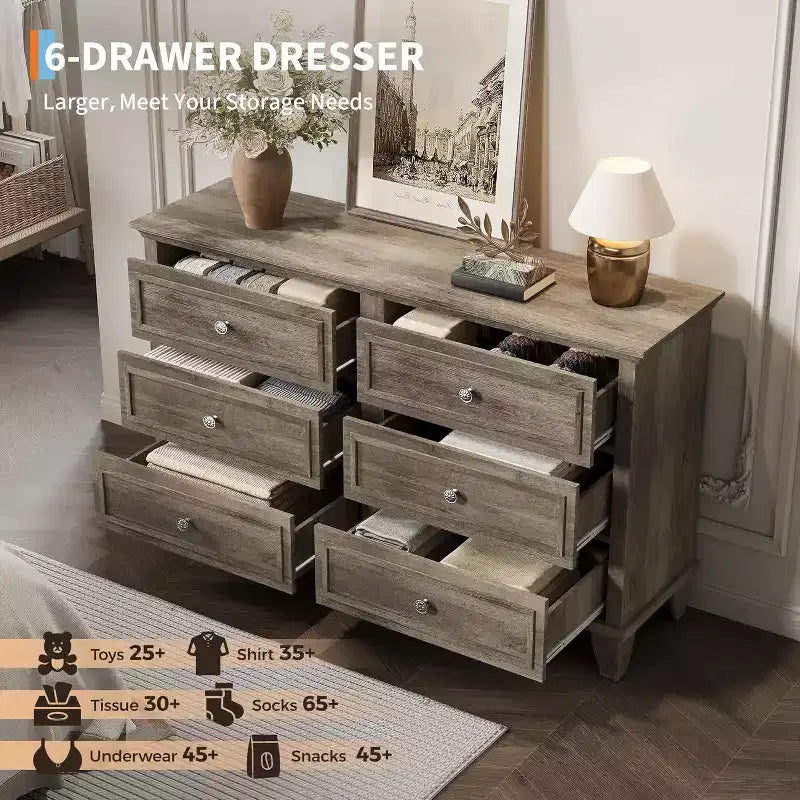 Dresser for Bedroom, 6 Drawer Wide Dresser Storage Organizer, Modern Wooden Chest of Drawers with Metal Handles for Hallway, Entryway, Home Office