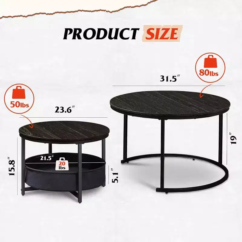 GALAXHERO Set of 2 Nesting Round Coffee Tables - 31.5 Center Tables with Storage & Metal Frame for Living Room/Apartment