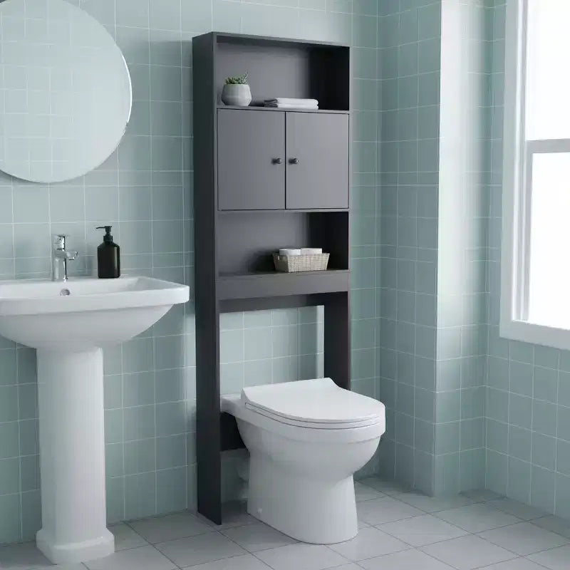FurnitureR Over The Toilet Storage Cabinet, 3-Tier Bathroom Organizer Shelf with Double Doors & Open Storage, Freestanding Bathroom Rack, 76.38 Tall