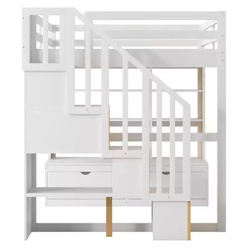 Full Size Loft Bed with Stairs and Desk, Wood Loft Beds Frame with Storage Drawers and Bookcase Shelves for Adults Teens Kids