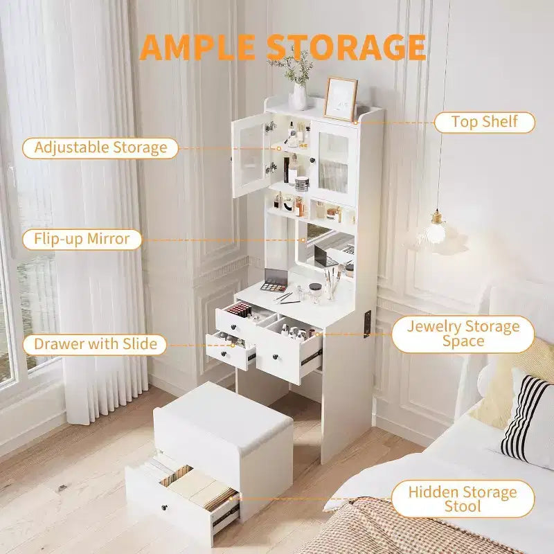 3-in-1 Makeup Vanity Desk with Lighted Mirror, Compact Vanity Table with Drawers, Storage Compartment & Rolling Stool for Bedroom