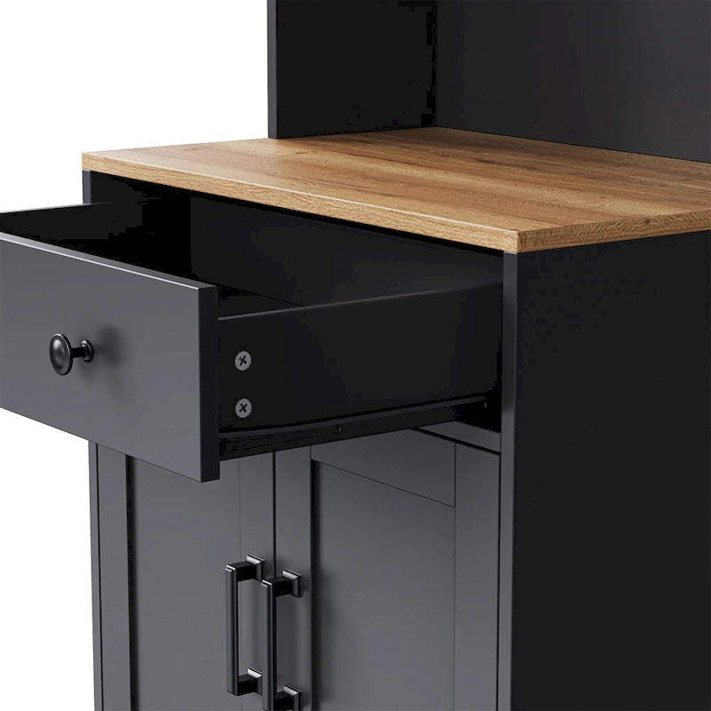 Black + Dark Walnut Farmhouse TV Entertainment Center with Bookshelves & Tempered Glass Doors for TVs Up to 70