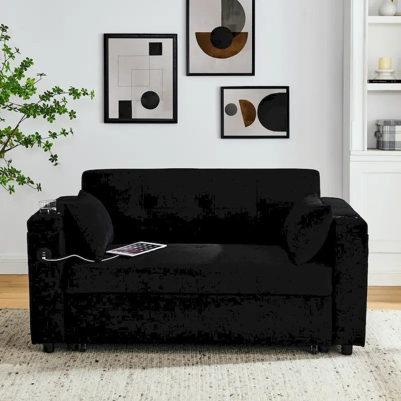 54 Pull-Out Sleeper Sofa Bed, 2 Seat Recliner Sofa Bed with Storage, Lumbar Pillow, USB Power Outlet