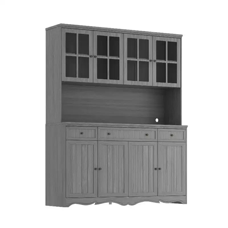 Famapy 61.2W Gray Storage Cabinet Buffet Hutch Kitchen Pantry Cabinet with Ornate Base Trim: Blend of Elegance and Utility