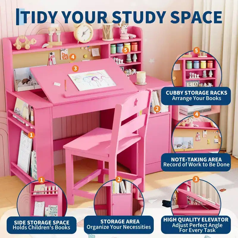 Kids Study Desk & Chair Set with Storage, Kids Study Desk with Hutch and Tiltable, for 3-8 Years Old, Student Writing Table for Bedroom