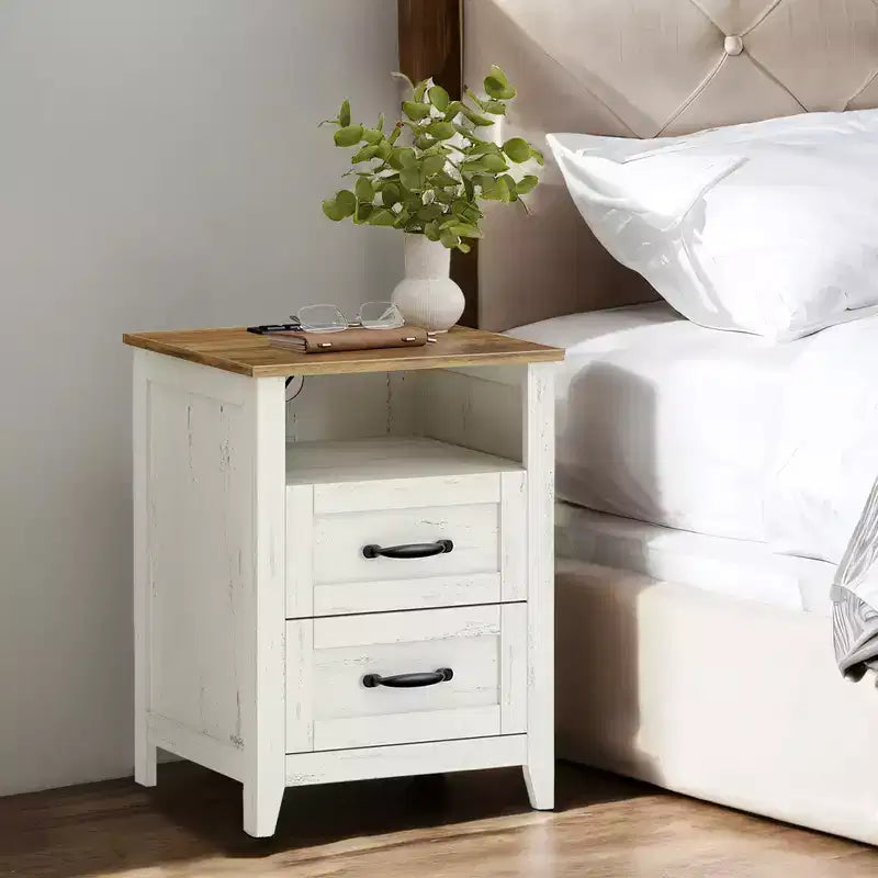 Set of 2 Farmhouse Nightstands with USB Charging - 2-Drawer Bedside Tables, Rustic Modern Design