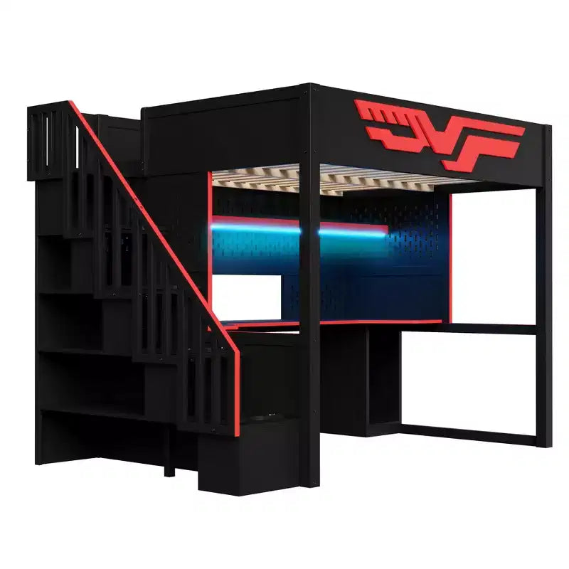 Full Gaming Loft Bed with Desk and LED Light, Wood Full Size Stairway High Loft Bed and Storage Staircase and USB, Red+Black